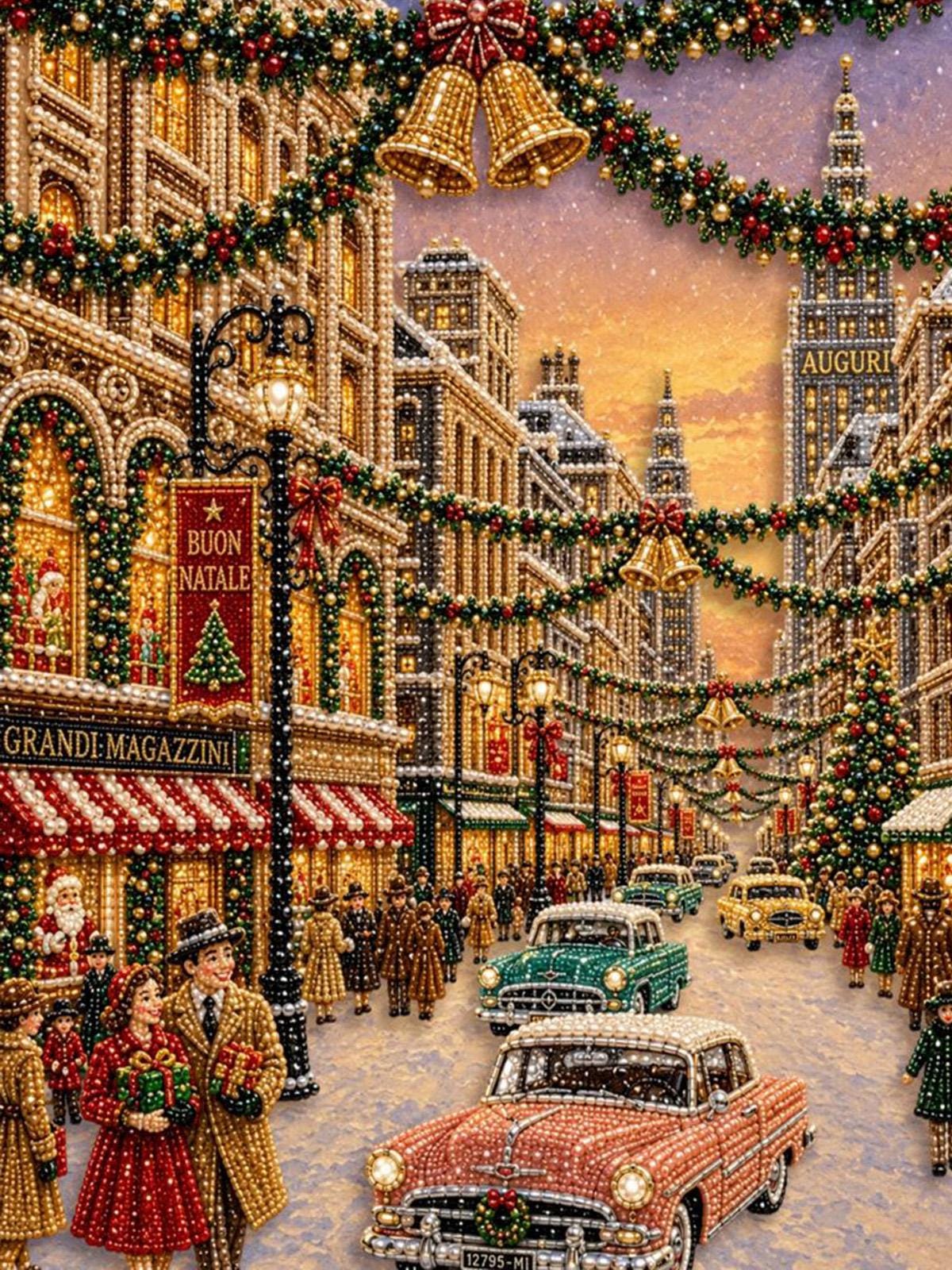 a bustling city street decorated for Christmas, with people walking along the sidewalks and cars driving down the road. The buildings are adorned with Christmas lights and garlands, creating a festive atmosphere. The sky above is a beautiful shade of orange, providing a stunning backdrop to the holiday scene.