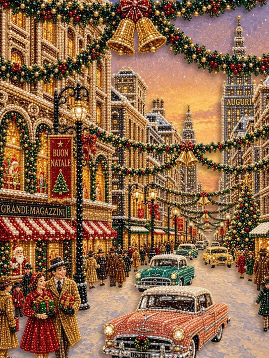 a bustling city street decorated for Christmas, with people walking along the sidewalks and cars driving down the road. The buildings are adorned with Christmas lights and garlands, creating a festive atmosphere. The sky above is a beautiful shade of orange, providing a stunning backdrop to the holiday scene.