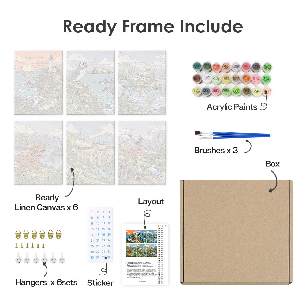 various art supplies and materials, including a ready frame, acrylic paints, brushes, a box, a layout, and a sticker.