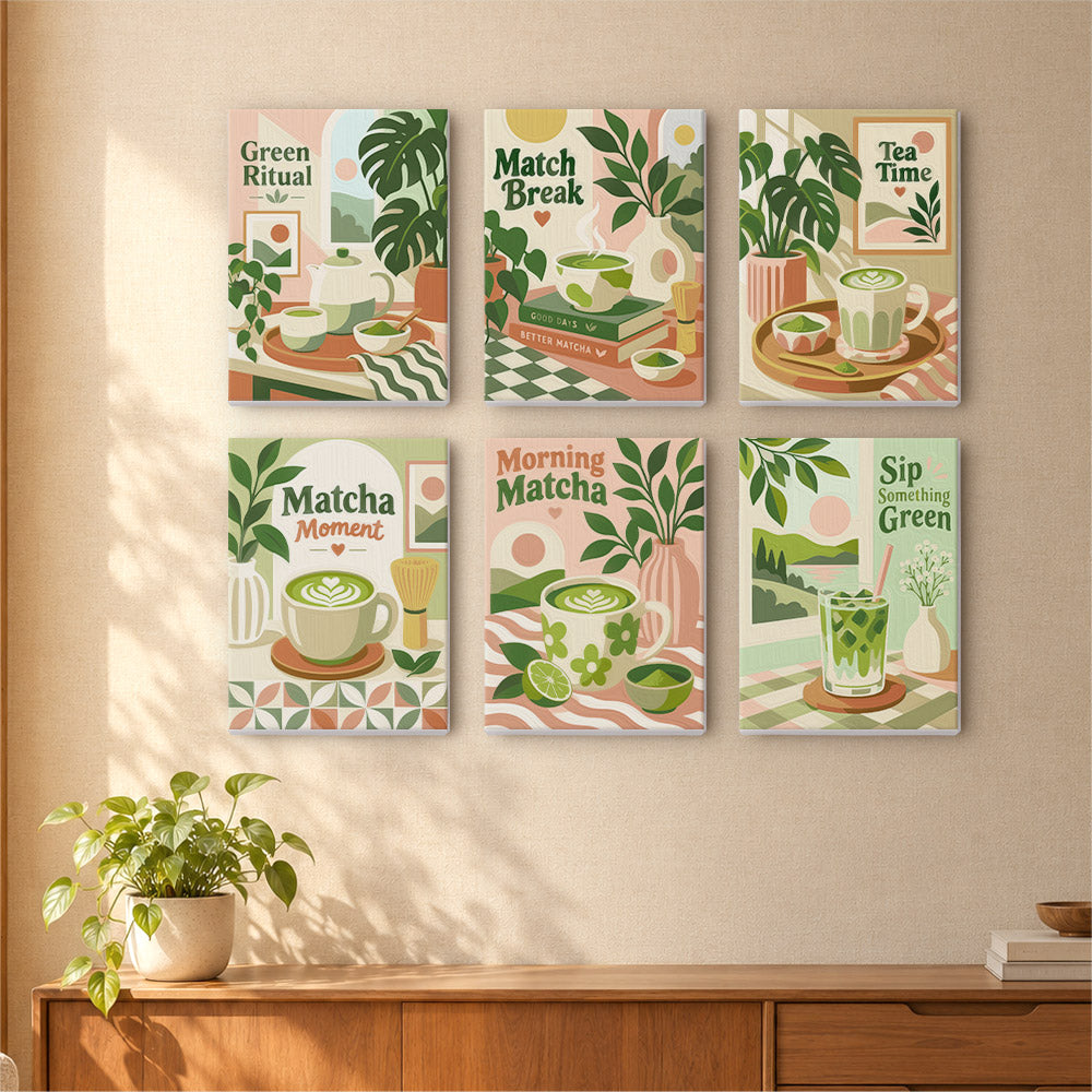 a wall with six colorful posters or paintings depicting various aspects of matcha lattes and green tea, including the preparation process, the matcha itself, and the serving of the beverages.