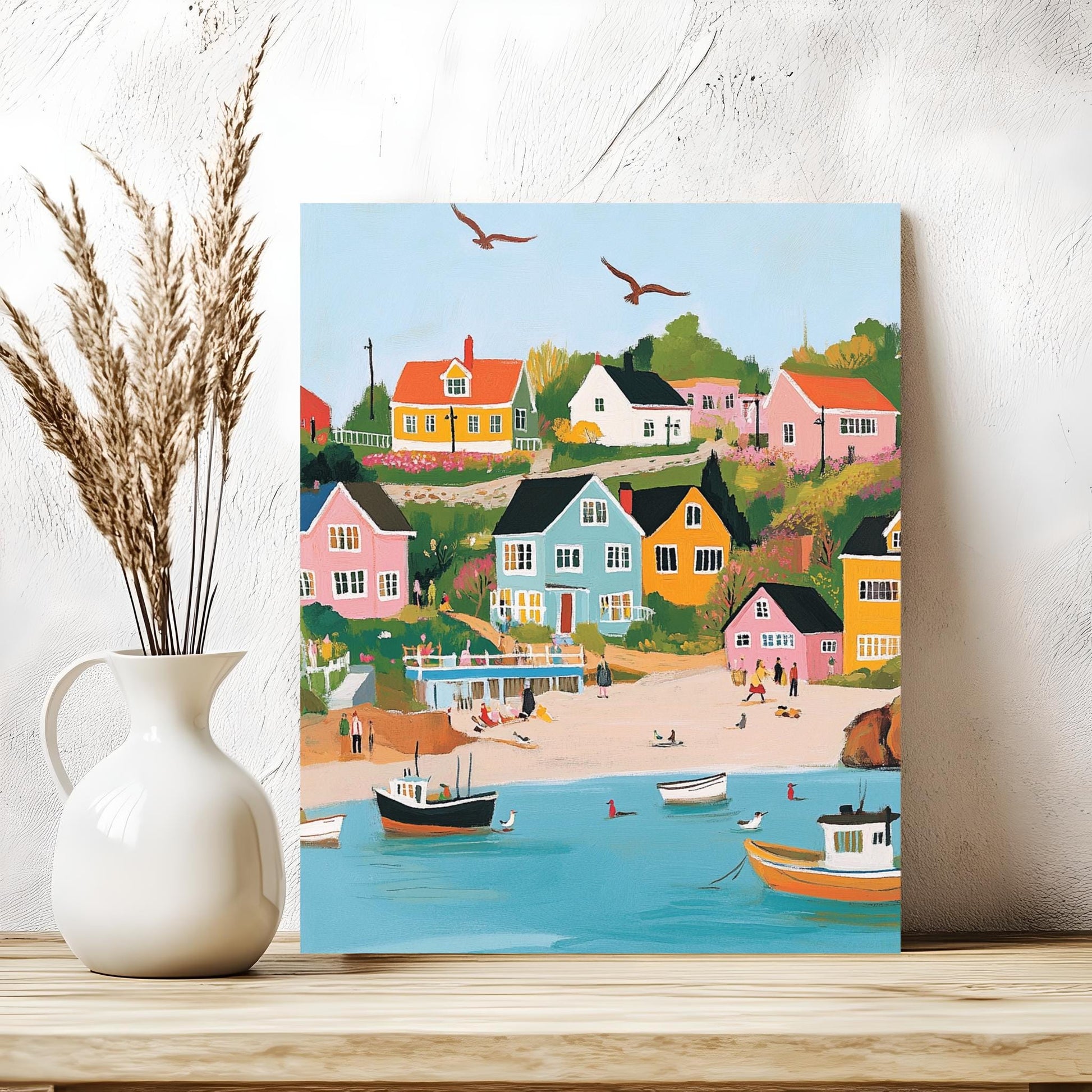 a vibrant painting of a coastal town with colorful houses, boats, and people enjoying the beach.