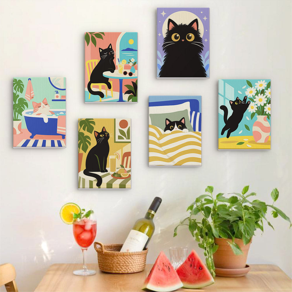 a wall adorned with six vibrant paintings of cats, each depicting a different scene. In the foreground, there is a table with a wine bottle, a glass, and a basket of watermelon slices. The table also has a potted plant and a vase, adding to the overall aesthetic of the scene.