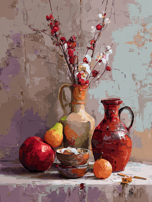 a still life arrangement featuring a vase with flowers, a bowl, an apple, an orange, and a pear on a table.