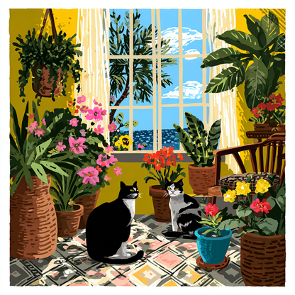 A black and white cat sits on a colorful tiled floor, gazing out a window at a tropical garden with palm trees and flowers.
