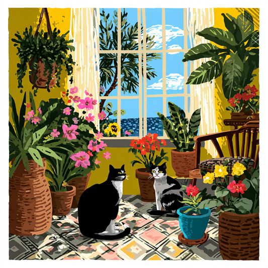 A black and white cat sits on a colorful tiled floor, gazing out a window at a tropical garden with palm trees and flowers.