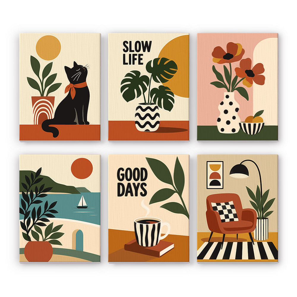 six colorful and stylized illustrations, each depicting a different scene or object. The illustrations include a cat, a potted plant, a vase with flowers, a sailboat, a book, and a chair. The overall color scheme and design of the illustrations create a vibrant and visually appealing collage.