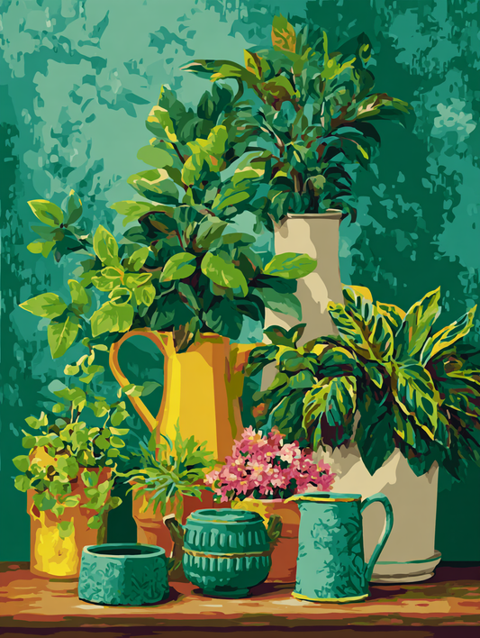 a collection of potted plants and vases arranged on a wooden surface, creating a vibrant and lush indoor setting.