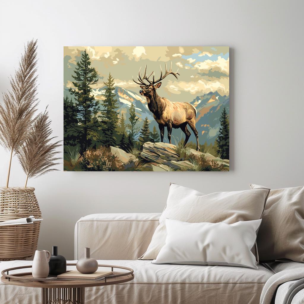 a painting of an elk standing on a rocky hillside