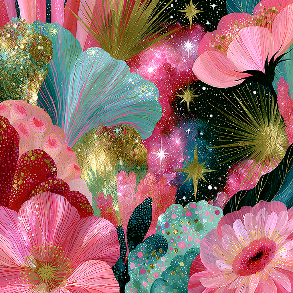 The image is a vibrant and colorful collage featuring a variety of flowers and plants in shades of pink, green, blue, and gold. The flowers are arranged in a way that creates a sense of depth and dimension, with some appearing closer to the viewer and others receding into the background. The overall composition is visually striking and captivating, with the use of bright colors and intricate patterns creating a sense of abundance and beauty.