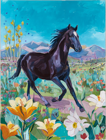 A black horse galloping through a vibrant field of flowers, with mountains in the background.