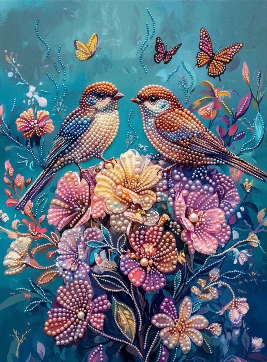 The image is a vibrant and colorful painting featuring two birds perched on a flower, surrounded by a variety of flowers and butterflies. The painting is a lively and detailed representation of nature, with the birds and flowers being the main focus.