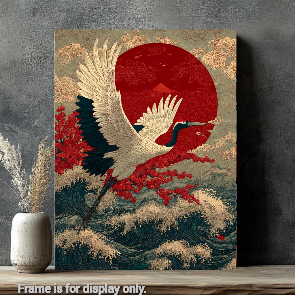 a painting of a crane flying over a body of water