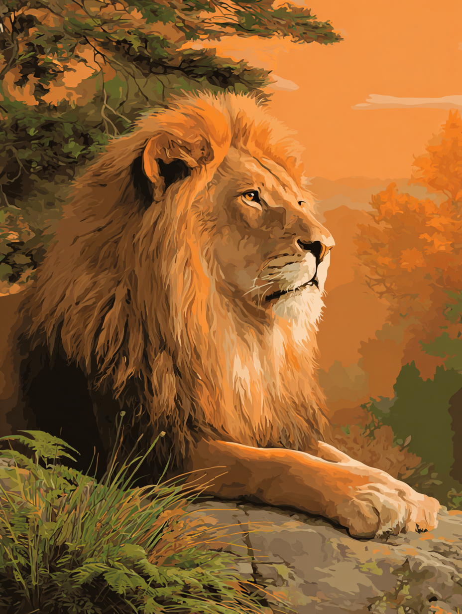 A majestic lion rests on a rock in a lush, forested landscape, its golden mane and powerful gaze commanding attention.