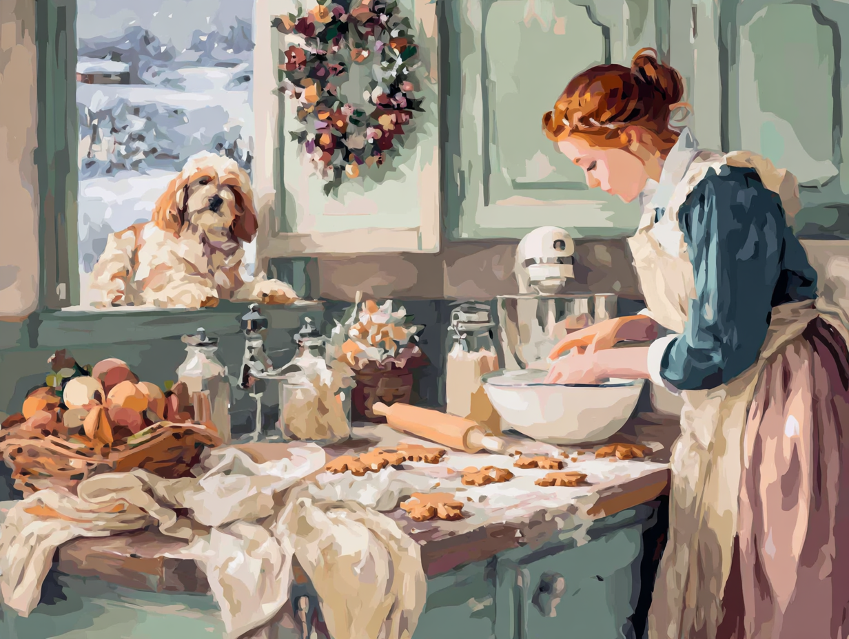 A woman in a blue apron is preparing food in a kitchen, with a dog watching her from the window. The kitchen is decorated with a wreath and various food items, such as apples and oranges, are visible on the counter.
