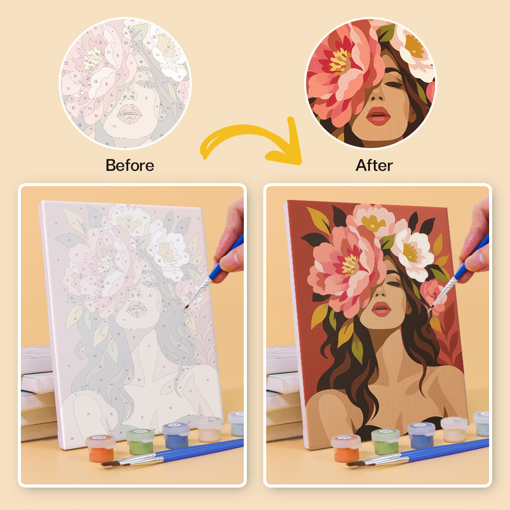 The image is a before and after comparison of a painting of a woman's face with flowers. The before image shows a simple drawing of a woman's face with no flowers, while the after image shows a more detailed and colorful painting of the woman's face with flowers.