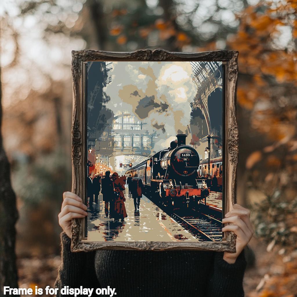 a woman holding up a picture of a train
