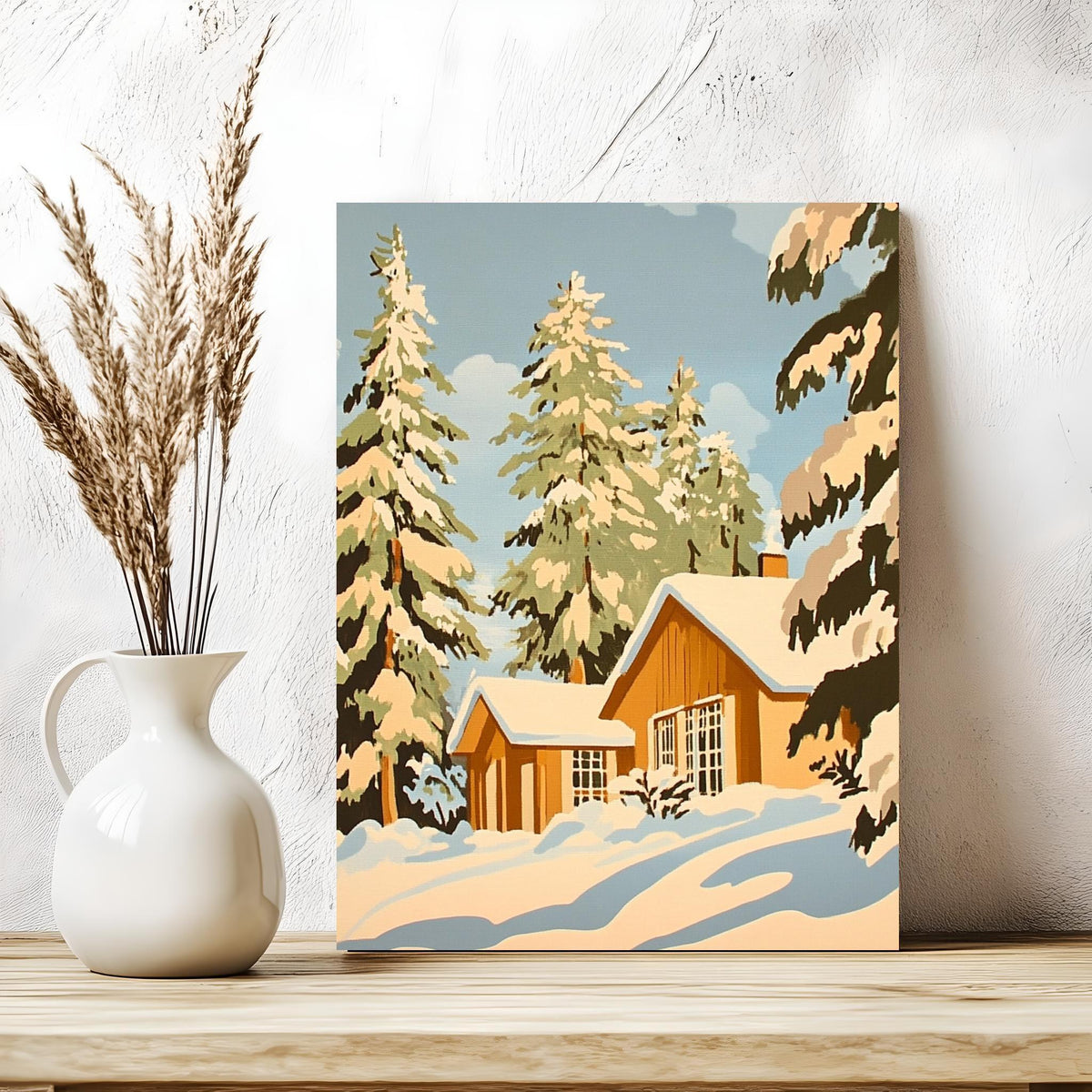 a painting of a house in the snow