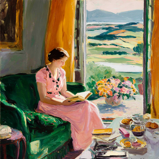 A woman in a pink dress is sitting on a green couch, reading a book, with a vase of flowers and a view of a countryside landscape visible through an open window behind her.