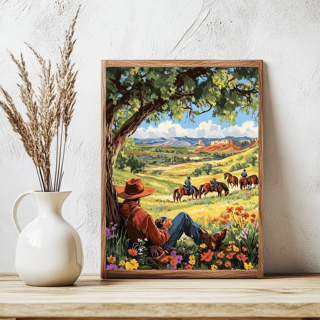 a painting of a man sitting under a tree