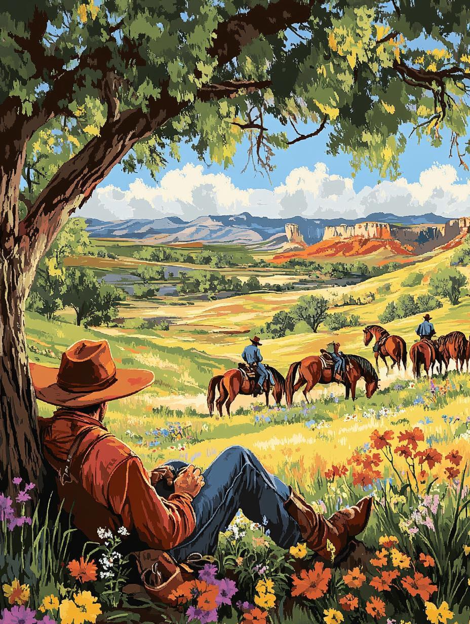 a painting of a man sitting under a tree