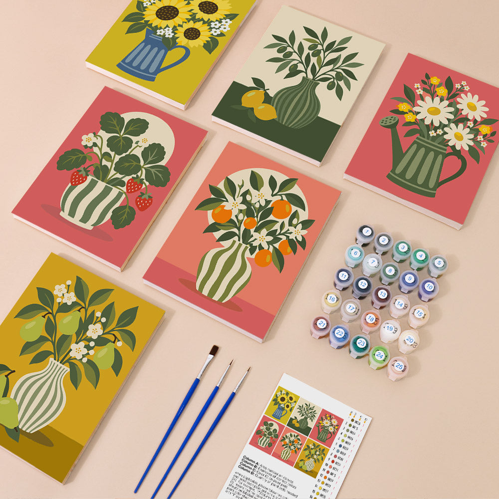 a collection of six colorful paintings depicting various flowers and vases, along with art supplies such as paintbrushes and paint tubes.