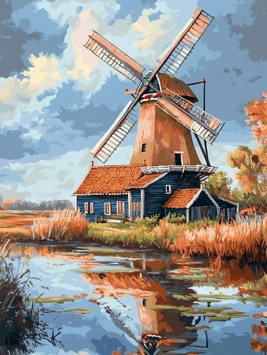A traditional Dutch windmill stands tall on a small island in a tranquil pond, surrounded by lush greenery and a cloudy sky.