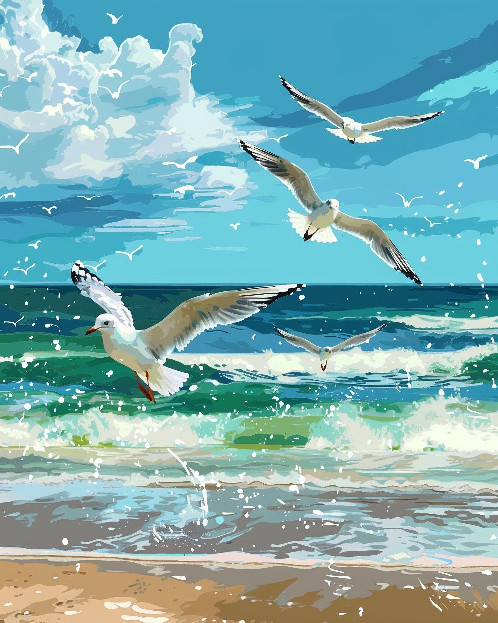 A serene beach scene with a flock of seagulls flying over the ocean waves, creating a sense of movement and tranquility.