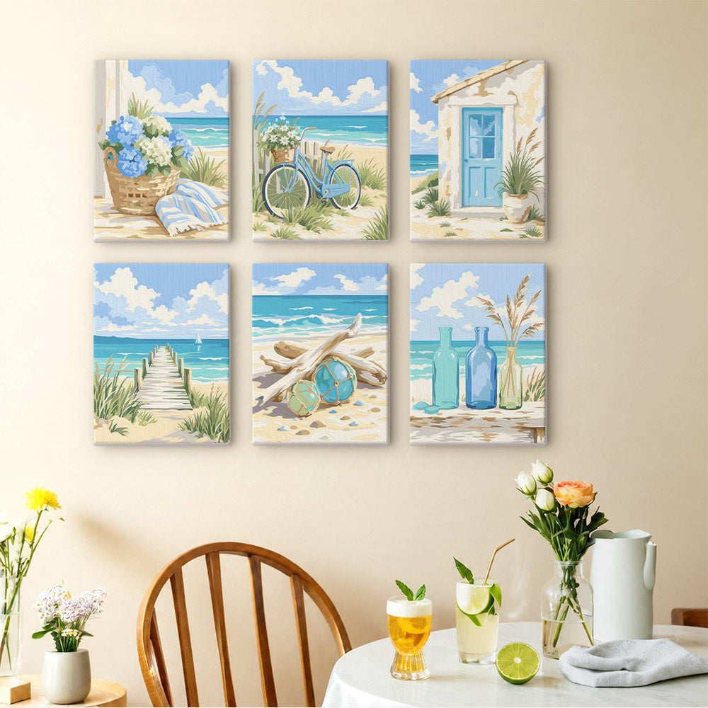 The image is a wall art display featuring six different scenes depicting beach-related activities, such as a bicycle, a house, a beach, flowers, and drinks.