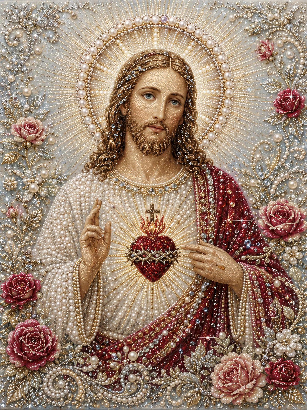 The image is a detailed and ornate religious painting or embroidery featuring a central figure of Jesus Christ surrounded by flowers, pearls, and a halo.
