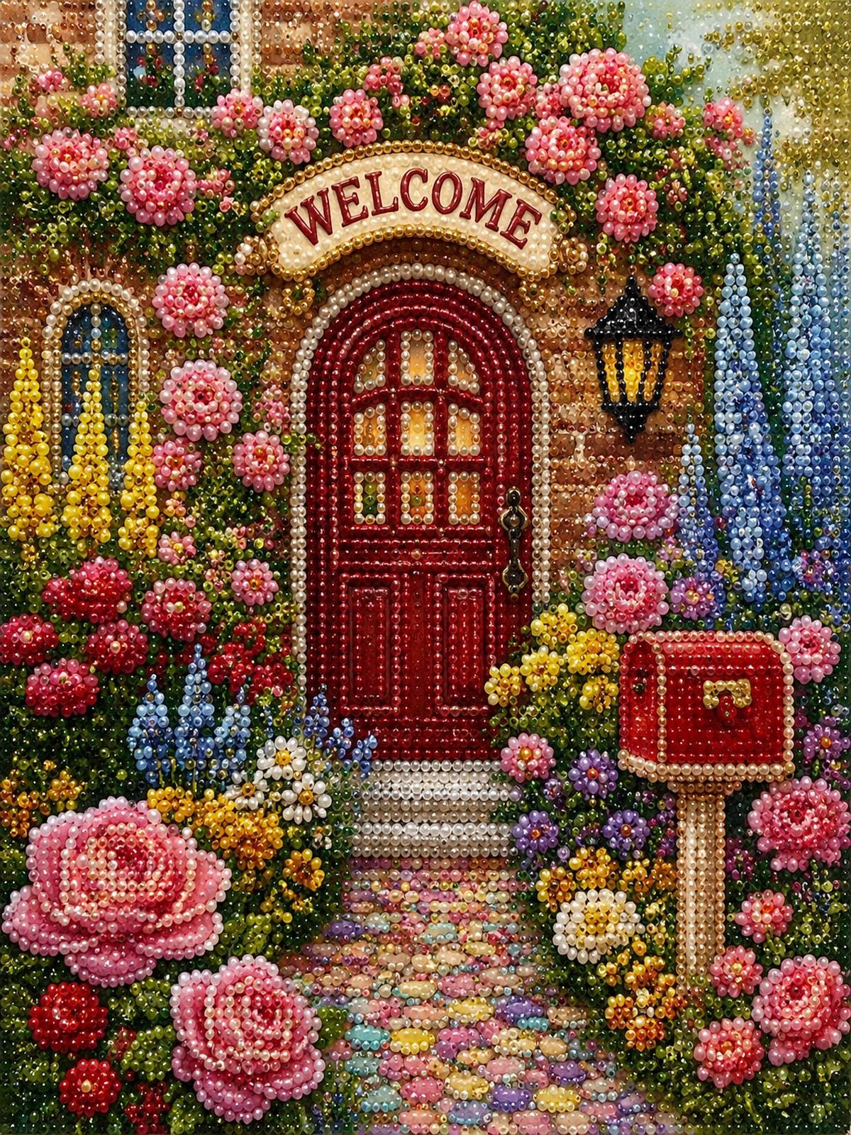 The image is a vibrant and colorful depiction of a welcoming entrance to a house, adorned with a variety of flowers and plants. The focal point is a red door, which is surrounded by a lush garden filled with pink, yellow, blue, and white flowers. Above the door, a "Welcome" sign is prominently displayed, adding a warm and inviting touch to the scene. The overall composition is a lively and cheerful representation of a charming, flower-filled garden.
