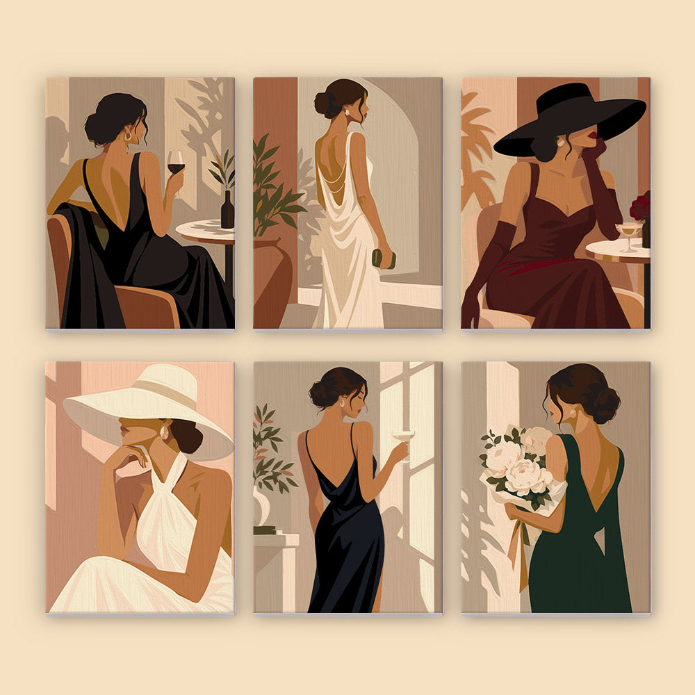 The image is a collage of six illustrations featuring women in elegant dresses and hats, each in a different pose and setting.