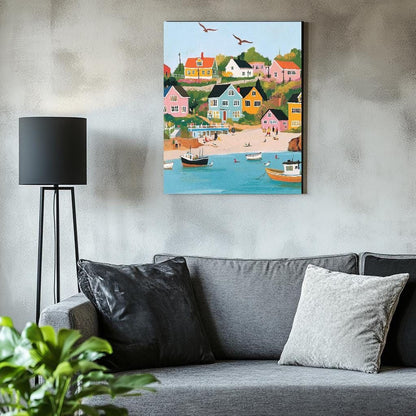 a cozy living room with a gray couch, a black floor lamp, and a vibrant painting of a coastal town with colorful houses, boats, and people on the beach.