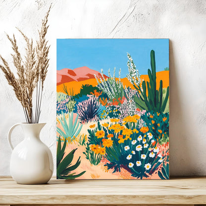 a vibrant painting of a desert landscape with a variety of colorful flowers and plants, including cacti and succulents, set against a blue sky with orange mountains in the background.