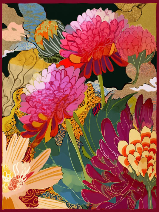 a painting of a bunch of flowers on a black background