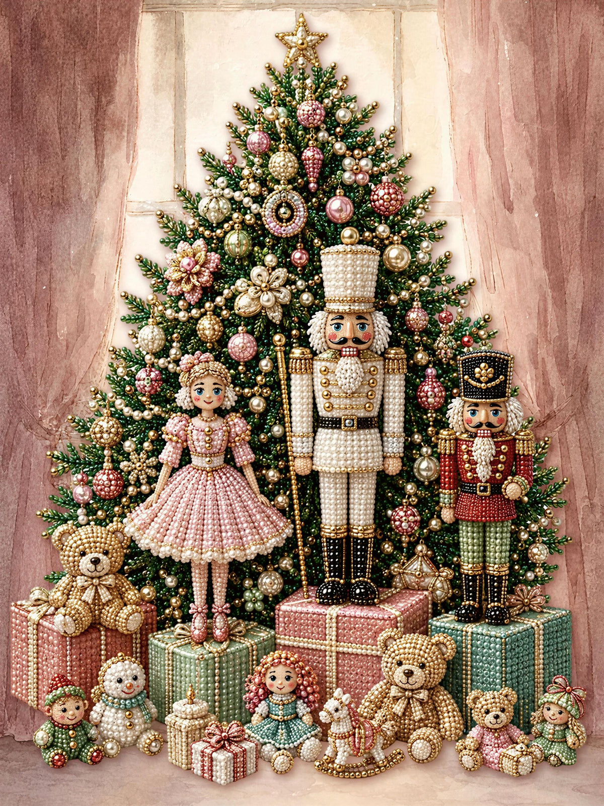 A Christmas tree decorated with ornaments, surrounded by a group of teddy bears and other small toys, with a nutcracker and a soldier figure prominently featured.