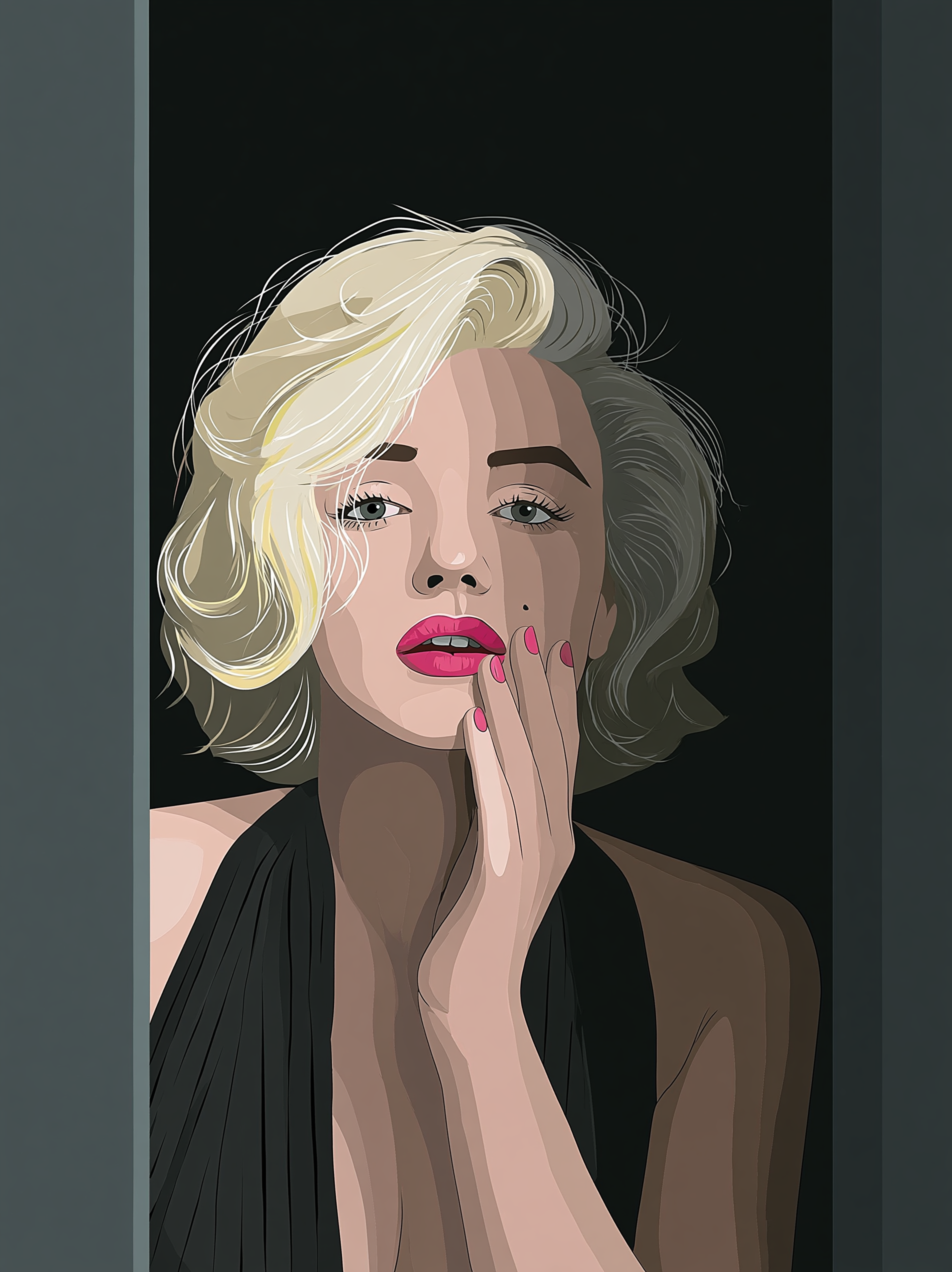 A stylized illustration of a woman with blonde hair and red lipstick, wearing a black dress, looking pensively at the viewer.