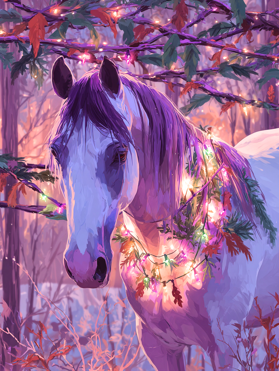 A white horse adorned with colorful lights and foliage stands in a forest, surrounded by vibrant autumnal colors.