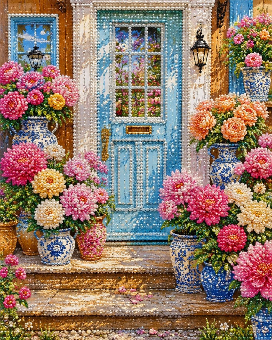 a charming blue door with a window, flanked by two large flower arrangements in blue and white vases. The door is set against a backdrop of a wooden wall, and the scene is further enhanced by the presence of potted plants and flowers in various colors, creating a vibrant and inviting atmosphere.